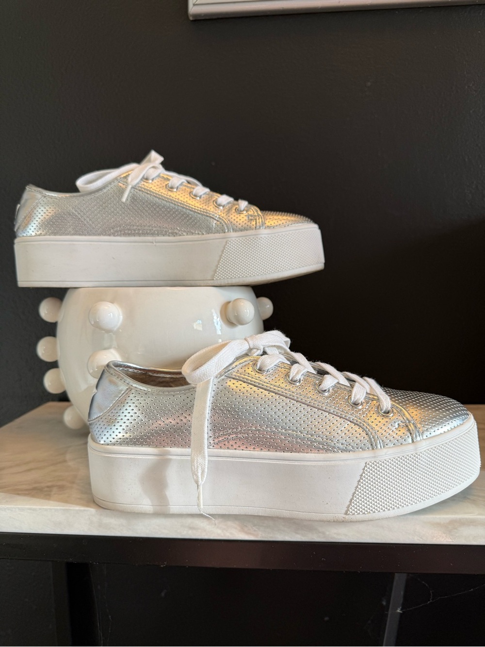 Betsey Johnson Silver Metallic Platform Lace-Up Sneakers